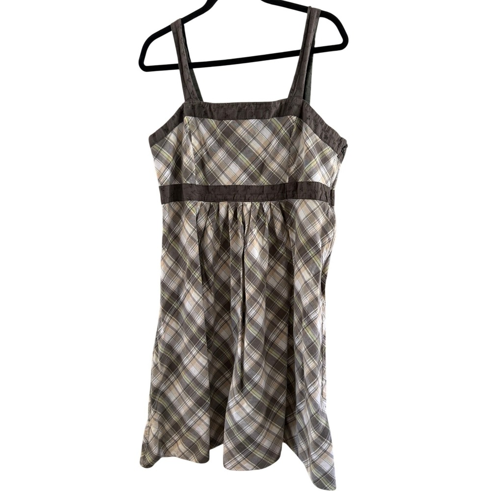 Brown Plaid Cotton Sundress Eyelet Trim Size 16 90s Soft Grunge Cottage Beach
